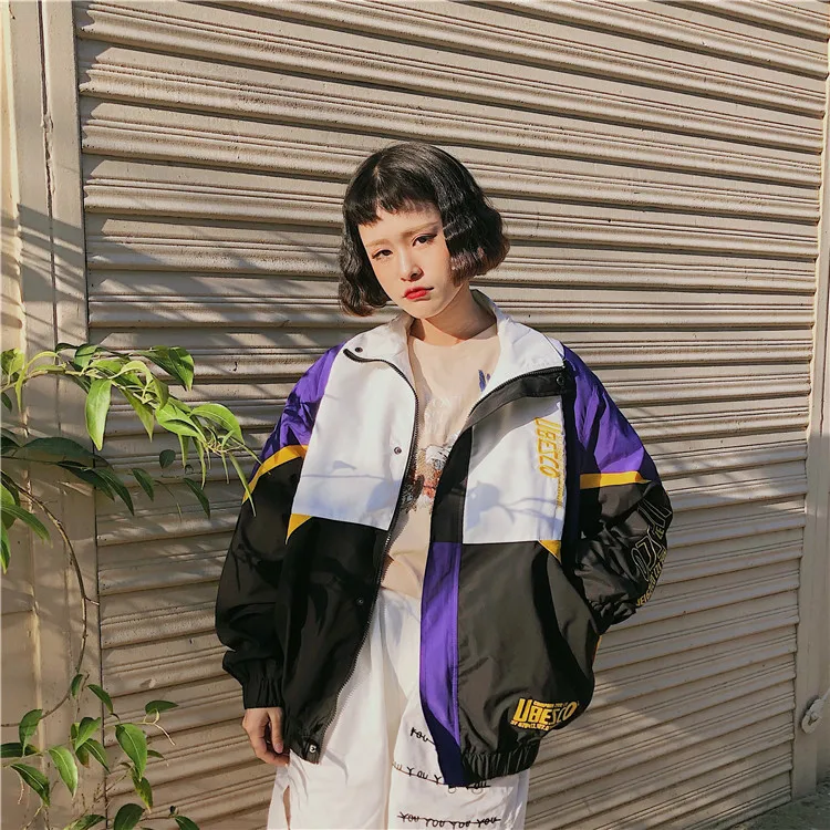 Spring autumn hip hop ulzzang Korean fashion Women's Clothing Harajuku loose Unisex letter print paneled turtleneck Coat Jackets | Женская