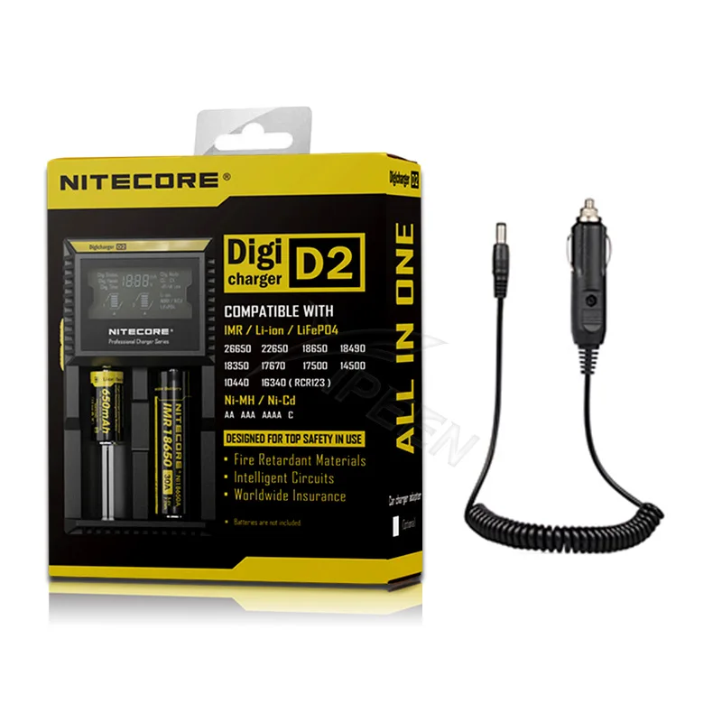 D2 Car With Car Nitecore D4 D2 I4 I2 ЖК-дисплей интеллигентая(ый) Зарядное устройство Li-Ion 18650 14500 16340 26650 AAA AA 12V Батарея Зарядное устройство автомобиля ЕС - Цвет: D2 Car With Car