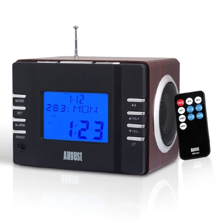 Black with EC August MB300 деревянная мини стереосистема MP3 и FM радиочасы с SD картридером, разъемами USB и AUX(3.5 мм аудиовход), двумя громкими Hi-Fi динамиками, со встроенным аккумулятором и пультом управления - Цвет: Black with EC