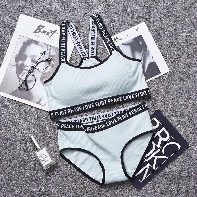 Light blue Женский комплект нижнего белья, хлопковый комплект с завинчивающейся нитью, пуш-ап бюстгальтер, комплект с буквенным принтом, женский бюстгальтер, трусики, комплект комфортного нижнего белья - Цвет: Light blue