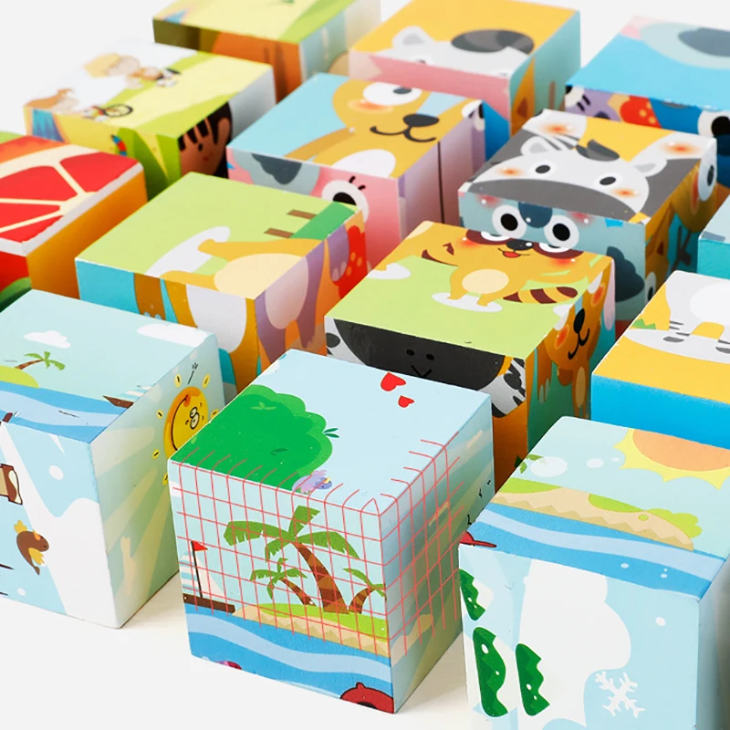 Деревянные блоки игрушки материалы montessori обучающий мультфильм животных 3D