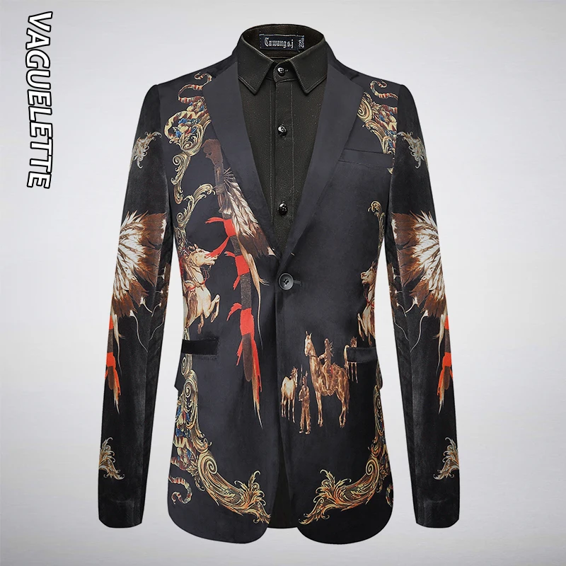 

VAGUELETTE Luxury Black And Gold Blazer Men Single Button Wedding Stage Dress 2019 Slim Fit Printed Blazer Jacket Coat Men M-4XL