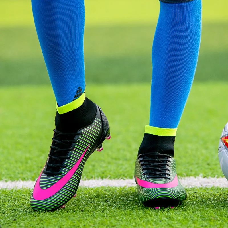 Zhenzu футбольные бутсы futsal shoes Для мужчин Дети Футбол Сапоги и ботинки для девочек с высоким голенищем высокие Обувь для футбола длинные шипы обучение Обувь для футбола спортивный Обувь Спортивная обувь