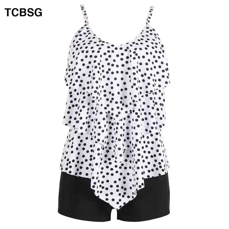 Женский купальник с пуш ап TCBSG танкини ремешками однотонный в горошек большие