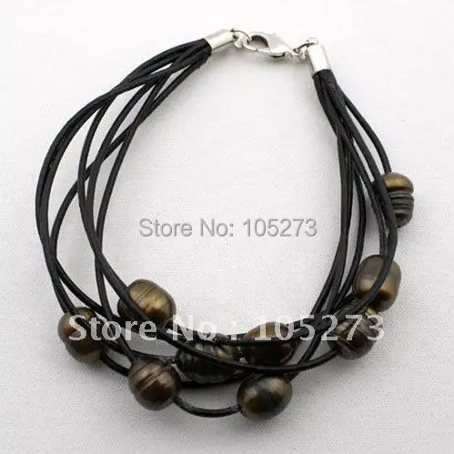 

Baroque Pearl Bracelet Brown Color Freshwater Pearl on Leather Cords 8''inchs size:10-12mm Fashion Jewelry Free Shipping FN346