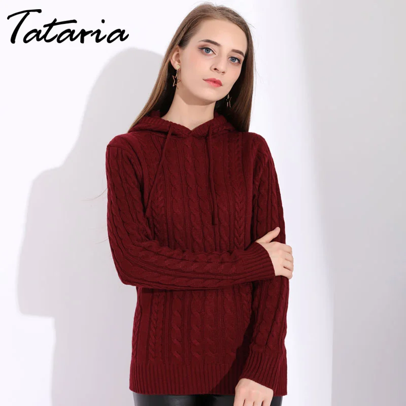 Зимний вязаный свитер с капюшоном для женщин длинным рукавом Женский