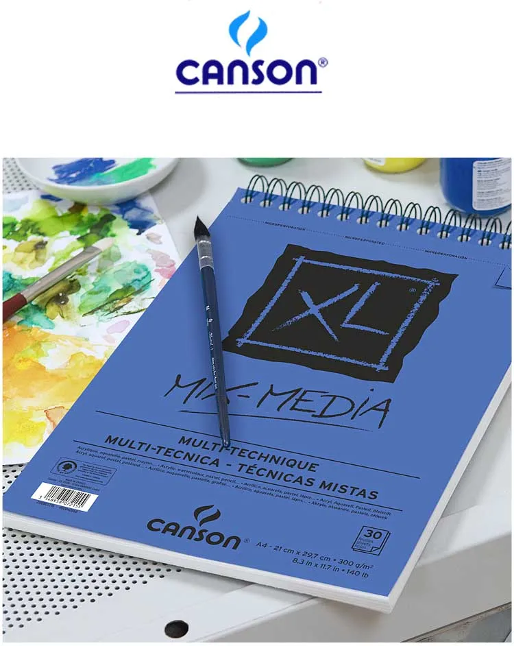 16K Canson XL микс медиа-блокнот бумага для рисования Акварельная гуашь и акриловые наброски спираль переплет среднего зерна 300 г 25 листов