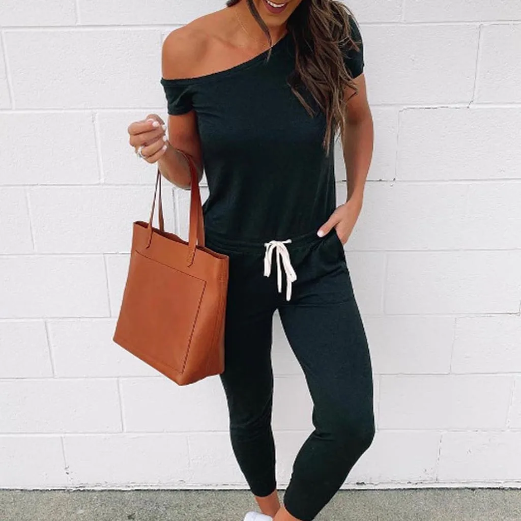 Женский комбинезон на лето с о вырезом косой ручкой коротким рукавом|Женские