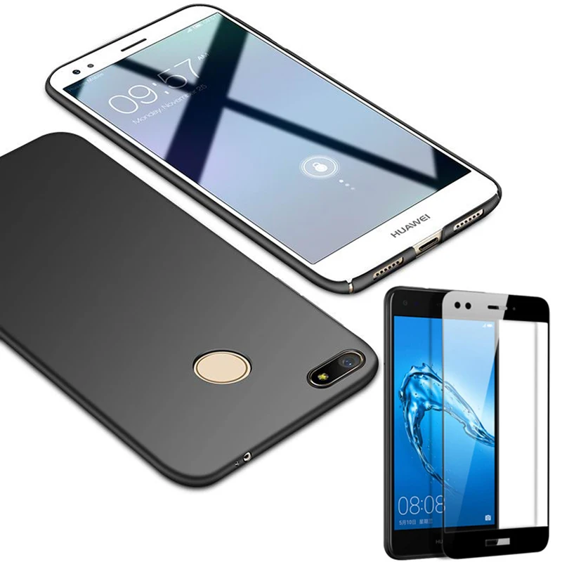 Матовый тонкий жесткий чехол для телефона Huawei P9 Lite Mini + закаленное стекло полная
