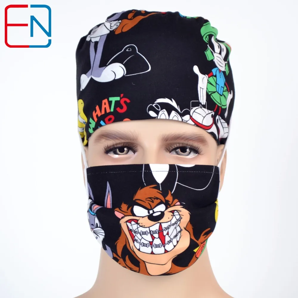 Hennar хирургические шапки для женщин с sweatband хлопок медицинские шапки в черном с милым узором