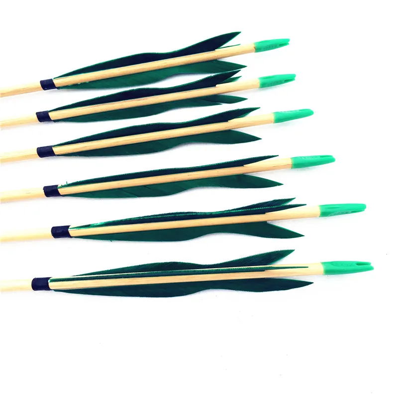 6Pk полностью зеленые настоящие перья деревянные стрелы ручной работы для