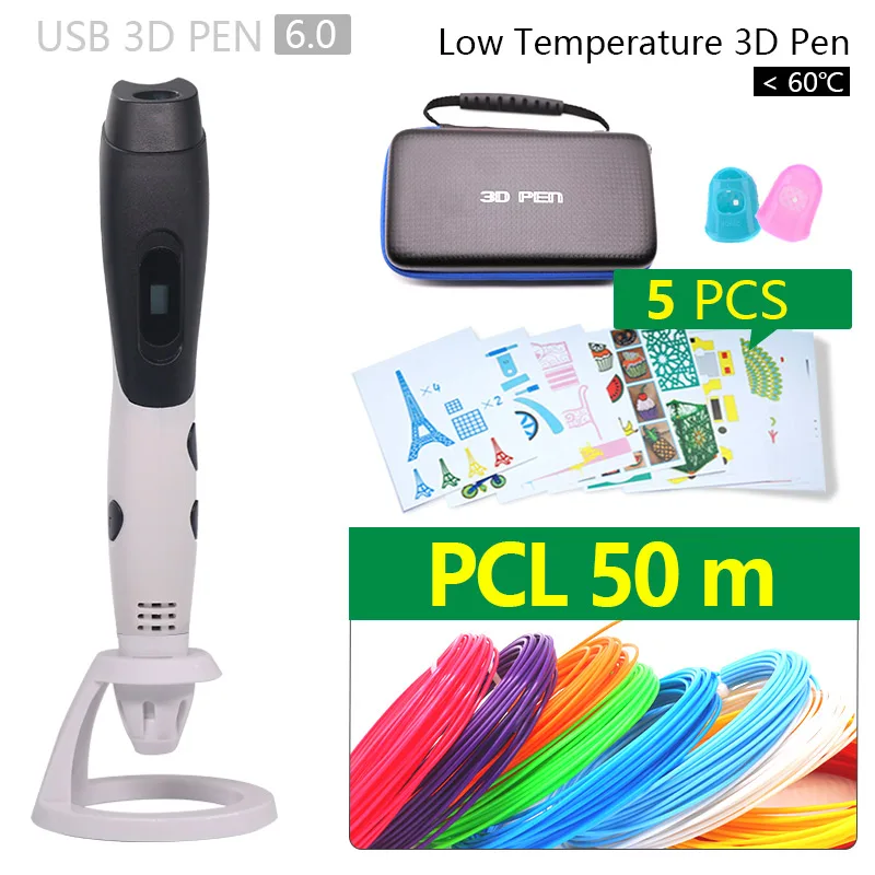 Низкотемпературная 3d-ручка, 3d-ручка для принтера, включает 100 м PCL нити и 10 узоров с сумкой, подходит для домашнего или наружного создания - Цвет: White pen PCL 50