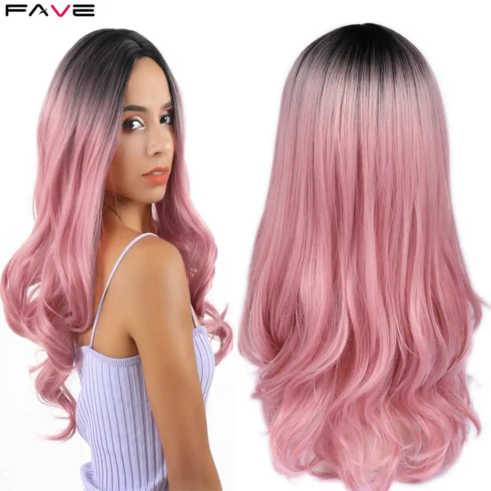 FAVE синтетические парики Длинные Ombre черный розовый/коричневый/блонд волосы высокая температура волокно Волнистые Косплей для черный белый женский парик