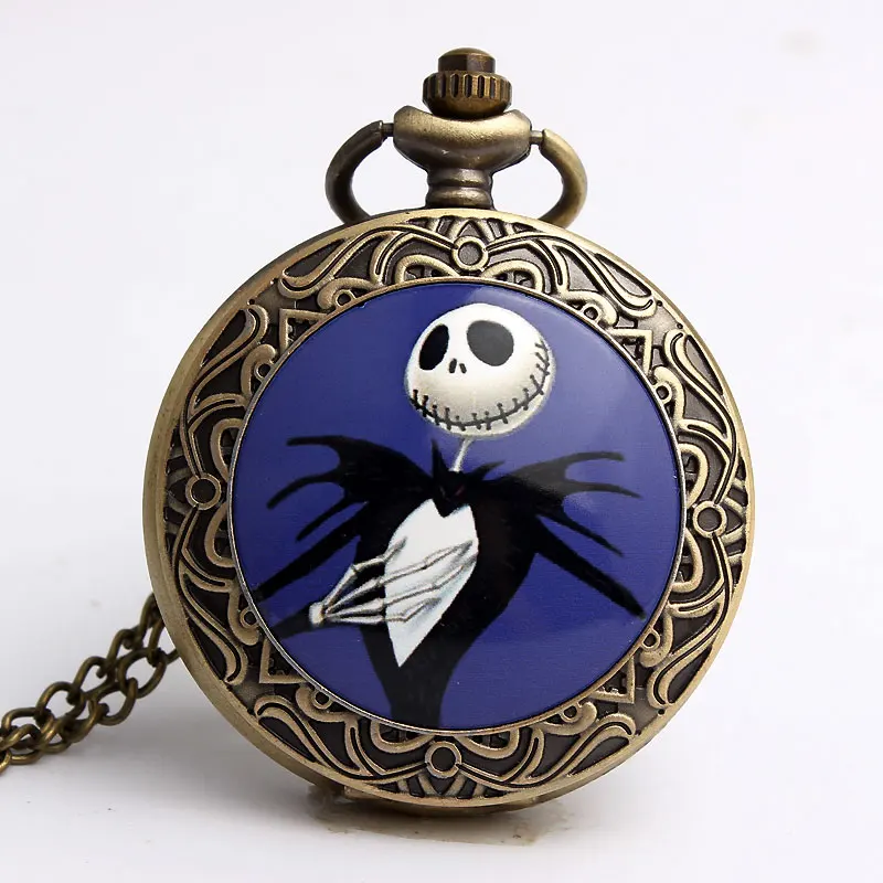 

Vintage Bronze Jack Nightmare Before Christmas Skull Skeleton Quartz Pocket Watch Necklace Chain Halloween Men Women Watch Gifts