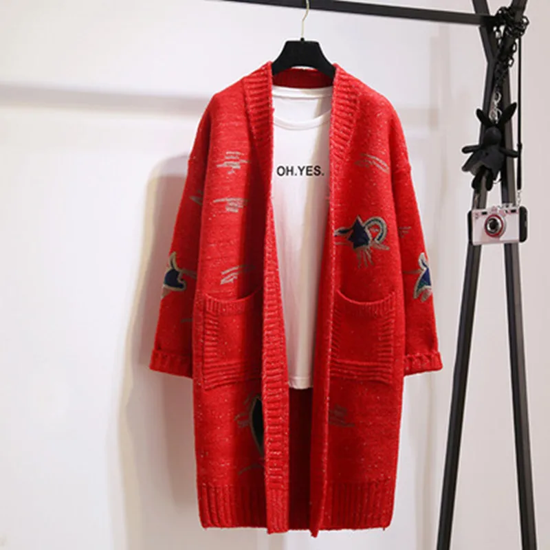 red Новинка, женский кардиган, зимний, корейский стиль, вышивка, свободный, подходит ко всему, открытая стежка, плотный, длинный, Повседневный, женский кардиган SW859 - Цвет: red