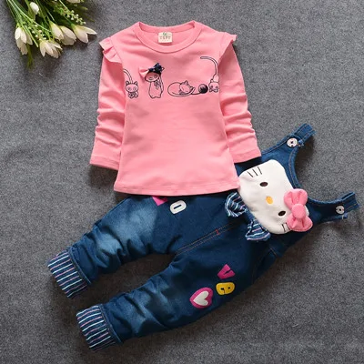 Pink Коллекция года, осенний комплект одежды для девочек комплект детской одежды из розового денима с рисунком котенка, зимнее нижнее белье детские джинсы - Цвет: Pink