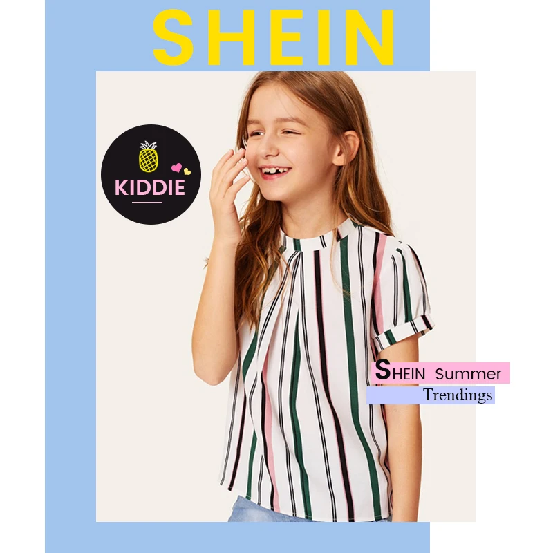 SHEIN/Повседневная плиссированная блузка в полоску для девочек; топы для подростков; коллекция года; сезон лето; блузка с отворачивающимися рукавами и пуговицами сзади; рубашки