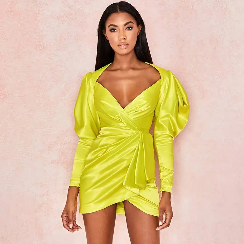 Глубокий v образный вырез с рюшами неоновое зеленое платье для женщин фонарь