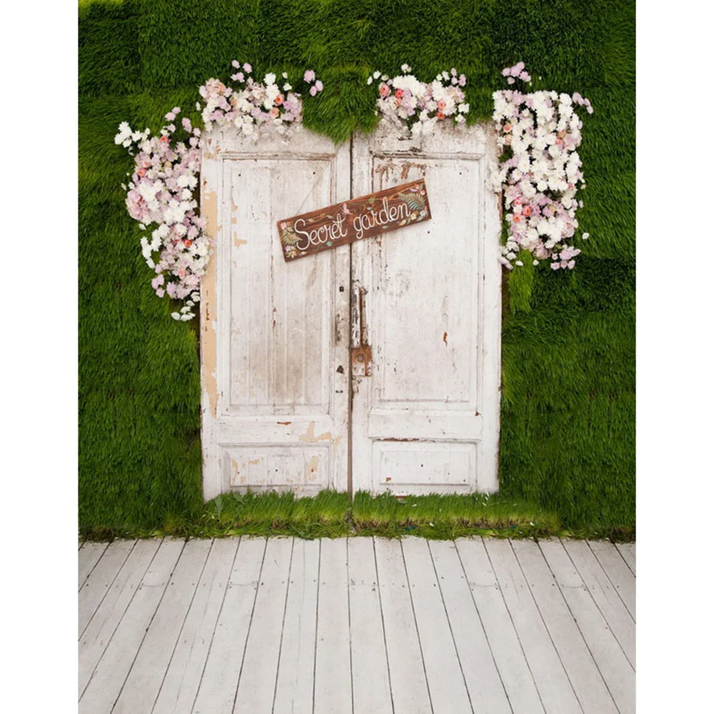 

White Painted Door Photography Backdrop Wood Floor Printed Flowers Green Grass Wall Secret Garden Wedding Party Photo Background