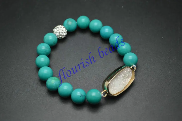 

8mm Stone Round Beads White Drusy Square Charm Bracelets Fashion Woman Jewelry