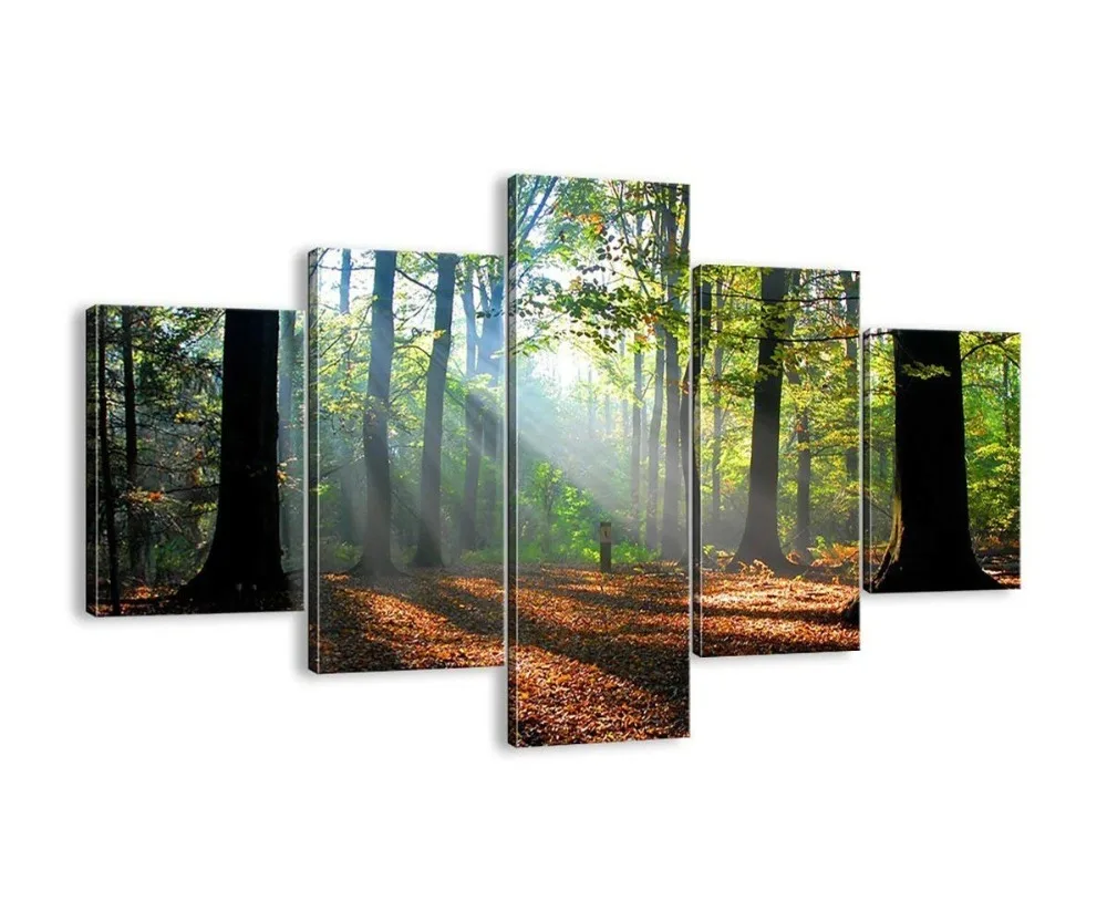 Картина маслом лес и восход солнца 5 панелей | Дом сад