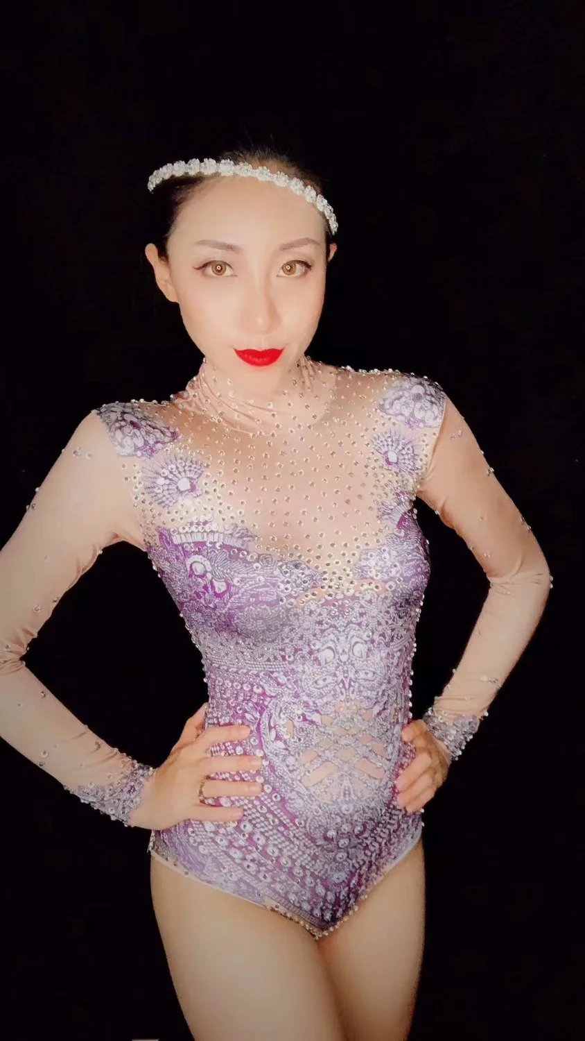 Sexy Glisten Rhinestones Stretch Printed Bodysuit Birthday Party Evening Celebrate Outfit Women Singer Dance Stage Bodysuit