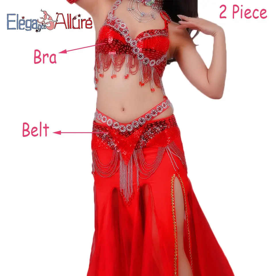Red 2pcs BRBE E&A, 2 шт., женский костюм для танца живота, комплект для выступлений, набор для танца живота, модный топ, пояс, ожерелье, браслет, юбка, Одежда для танцев - Цвет: Red 2pcs BRBE