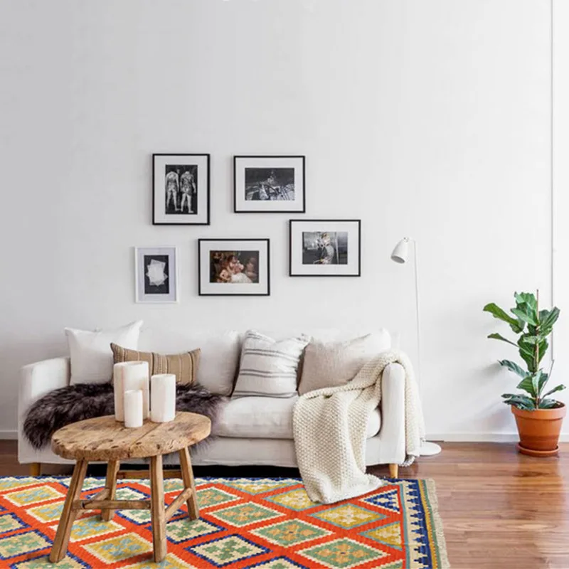 

Ins Nordic Geometric Ethnic Style Household Wool Handwoven rugs and carpets for home Living Room Tea Table Bedroom Kilim Carpet