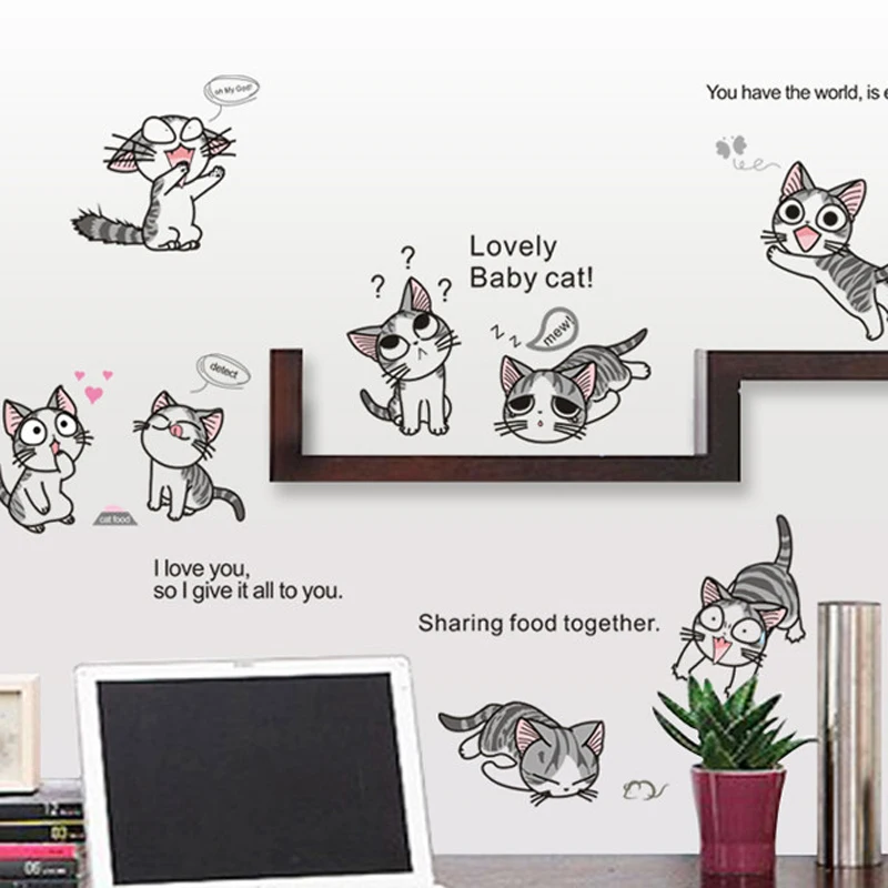 

New Cheese cat Wall Sticker PVC Cute Kitty play Living Children room background stickers on the wall DIY Home Decor Decal