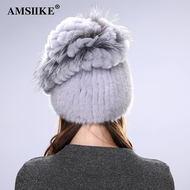 AMSIIKE 2017 Женская Шапка Норковая Бубон из Бобра с Чернобуркой DM702 | Аксессуары для