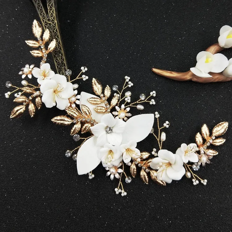 AJ690 barrette Новые аксессуары для волос; свадебные головные уборы заколки для волос фарфоровый цветок жемчуг золотой свадебный ювелирный церемония головной убор - Окраска металла: AJ690 barrette