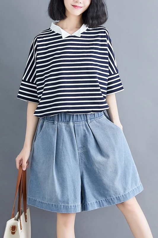 

Summer Women Denim Shorts 2019 New Arrival High Elastic Waist Pocket Wide Leg Shorts Jeans Blue Washed Short Femme
