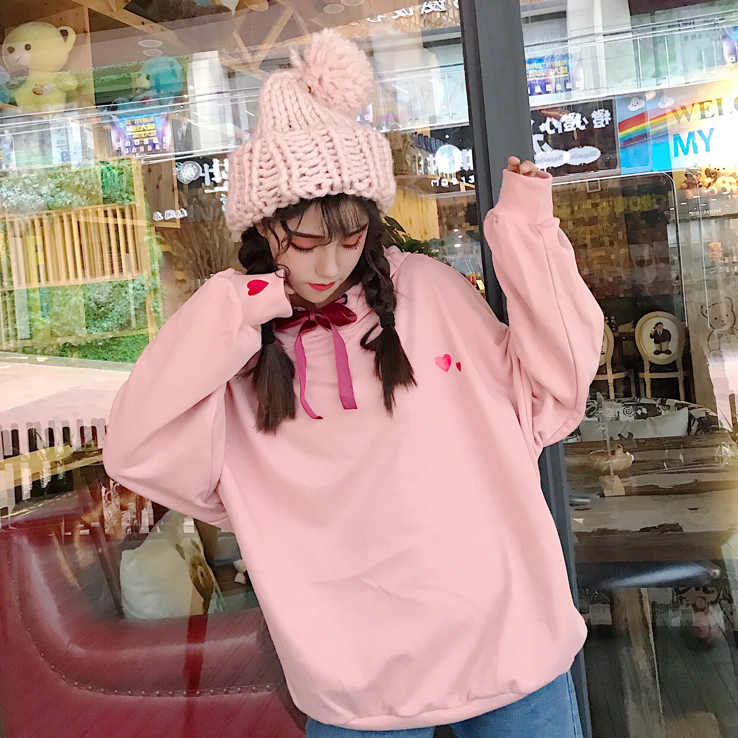 Harajuku толстовка женская осень зима корейский стиль милое сердце флис толстый с капюшоном длинным рукавом кофты Женские топы