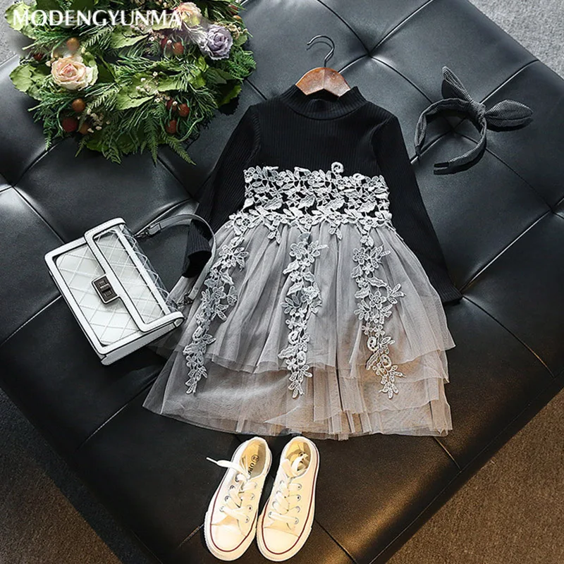 Girls Dress 2021 Children Floral Dresses Girl Clothes Lace Solid Party Knit Sweater Kid Princess 2-6Y | Детская одежда и обувь