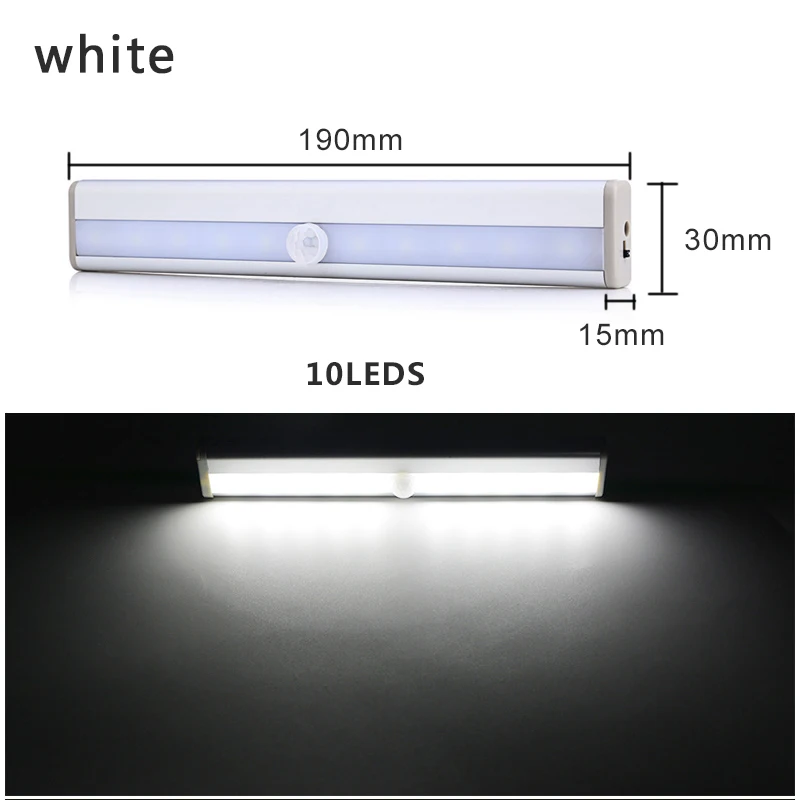 White 10leds Светодиодная подсветка под шкаф PIR датчик движения лампа 6/10 светодиодный s 98/190 мм шкаф лампа для шкафа шкаф Armario кухонный ночной Светильник - Цвет: White 10leds
