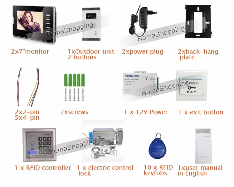 " цветной ЖК-экран видеодомофон для 2 квартиры+ Электрический замок+ RFID контроль+ питание