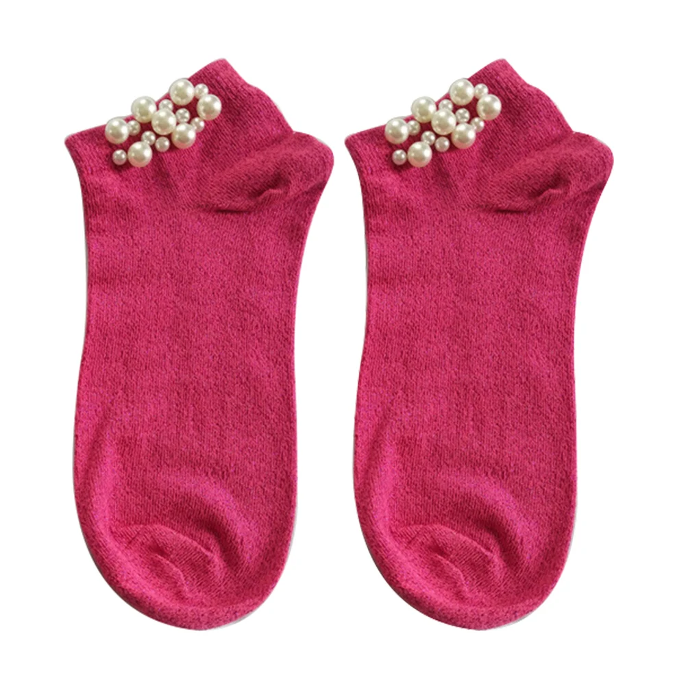 Rose Red Модные блестящие дышащие Хлопковые женские эластичные короткие носки с искусственным жемчугом и бисером; Новинка - Цвет: Rose Red