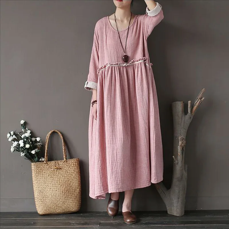 Женское льняное платье с длинным рукавом повседневное винтажное размера плюс