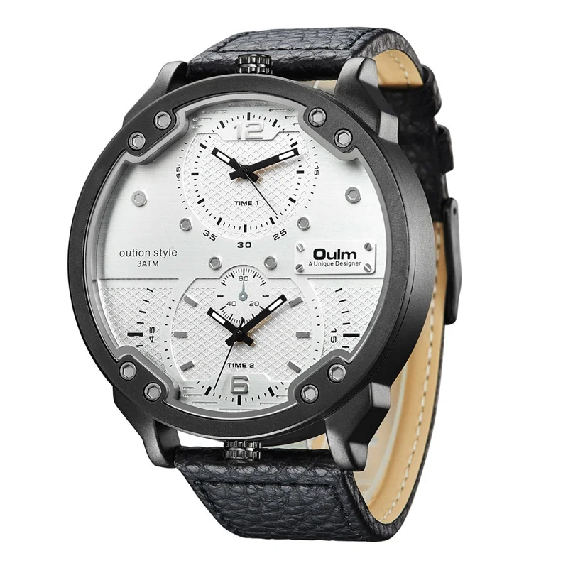 Leather White Oulm большие часы для мужчин несколько часовых поясов спортивные кварцевые часы мужские повседневные кожаные два дизайна люксовый бренд Мужские Wriswatch - Цвет: Leather White
