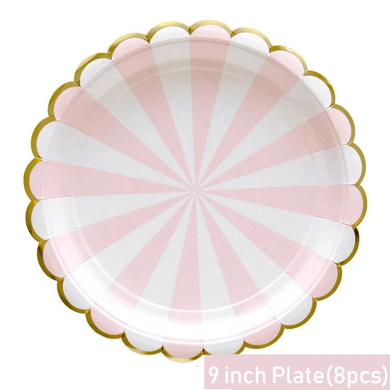 9inch Plates 8pcs Вечерние Розовые синие полосатые одноразовые посуда бумажные тарелки салфетка полосатые чашки день рождения, детский душ Свадебные украшения для вечеринки - Цвет: 9inch Plates 8pcs