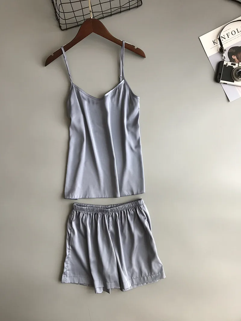 Freshing летний ледяной шелк Twinset корейская мода сплошной цвет сексуальный пижамный комплект Женский Летний жилет шорты костюм белье