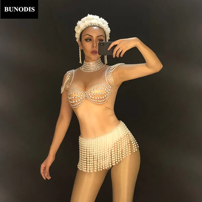 ZD373 Women Sexy Skin Color Bodysuit Sleeveless Sparkling Crystals Pearls Jumpsuit Nightclub Party Stage Wear Bling Costumes