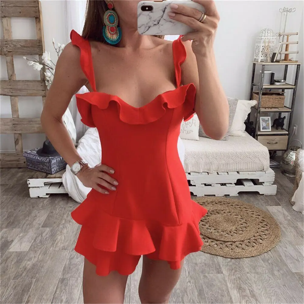 Womens Solid Sling Multi0layers Ruffles Frill Strappy Summer Holiday Party Bodycon Beach Short Mini Swing Dress | Женская одежда