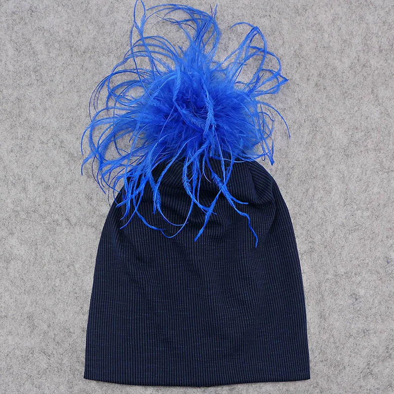 Navy blue 2 GZHILOVINGL/Новинка года; стильная зимняя теплая Шапка-бини в рубчик для женщин; настоящий Страус для девочек; меховая шапка с помпонами - Цвет: Navy blue 2