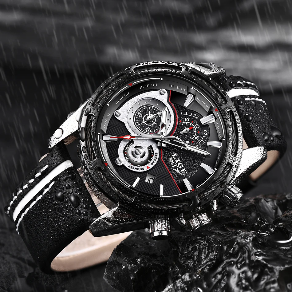 Relojes Hombre, новинка, кварцевые наручные часы LIGE, мужские часы с большим циферблатом, серебристые, черные, кожаные часы, мужские спортивные водонепроницаемые часы с хронографом