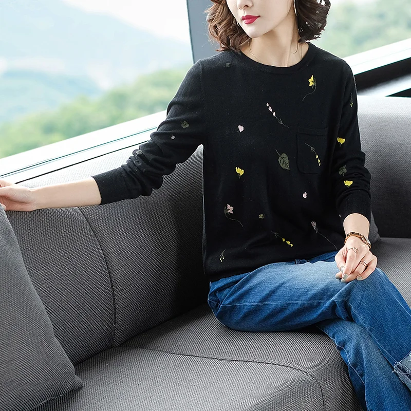 XL Brand Sweater 2019 Spring Fall Women's New OL Commuter Printed O-neck Pockets Bottoming Pullovers | Женская одежда