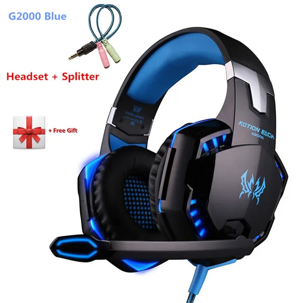 G2000 blue adapter KOTION EACH G2000 игровая гарнитура, стерео наушники, проводные наушники с микрофоном, светодиодный светильник, наушники для ПК, геймеров, Xbox PS4 - Цвет: G2000 blue adapter