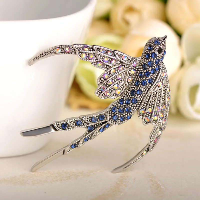 Роскошный Серебряный цвет винтажный Кристалл синий ласточка птицы броши костюм