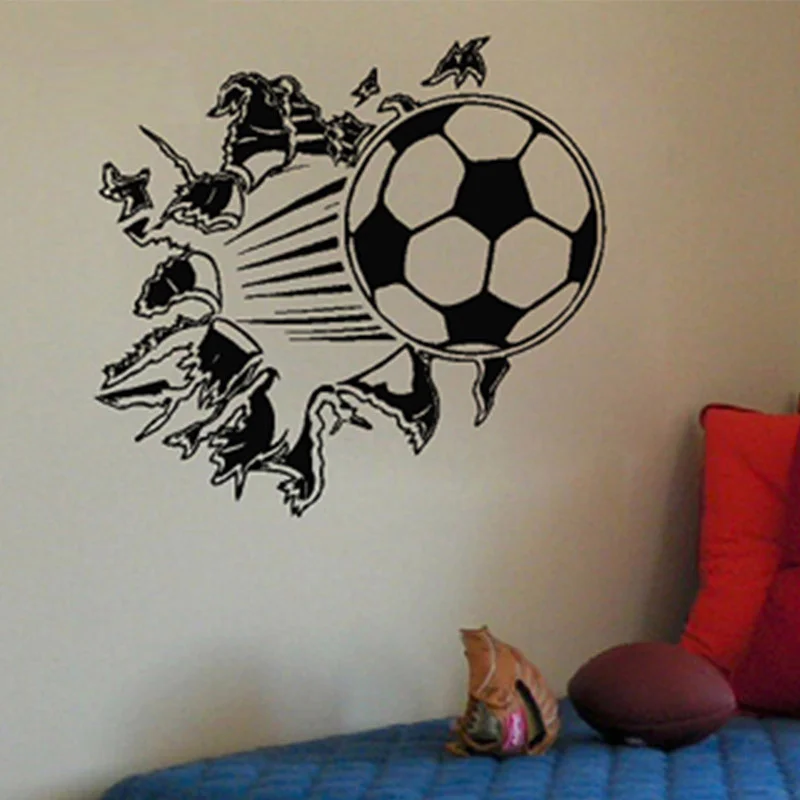 

3D Football Busting Through house wall home decals wall stickers for kids room cartoon Decal 57x72cm boys Room art decor