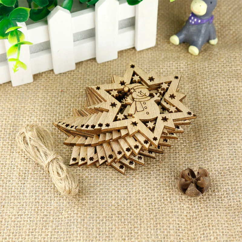 10PCS Snowman Star Wood Chips 7.5CM Chrismas Tree Pendent Decor Natural Wall Hanging Handmade Craft Wooden Accessories | Дом и сад